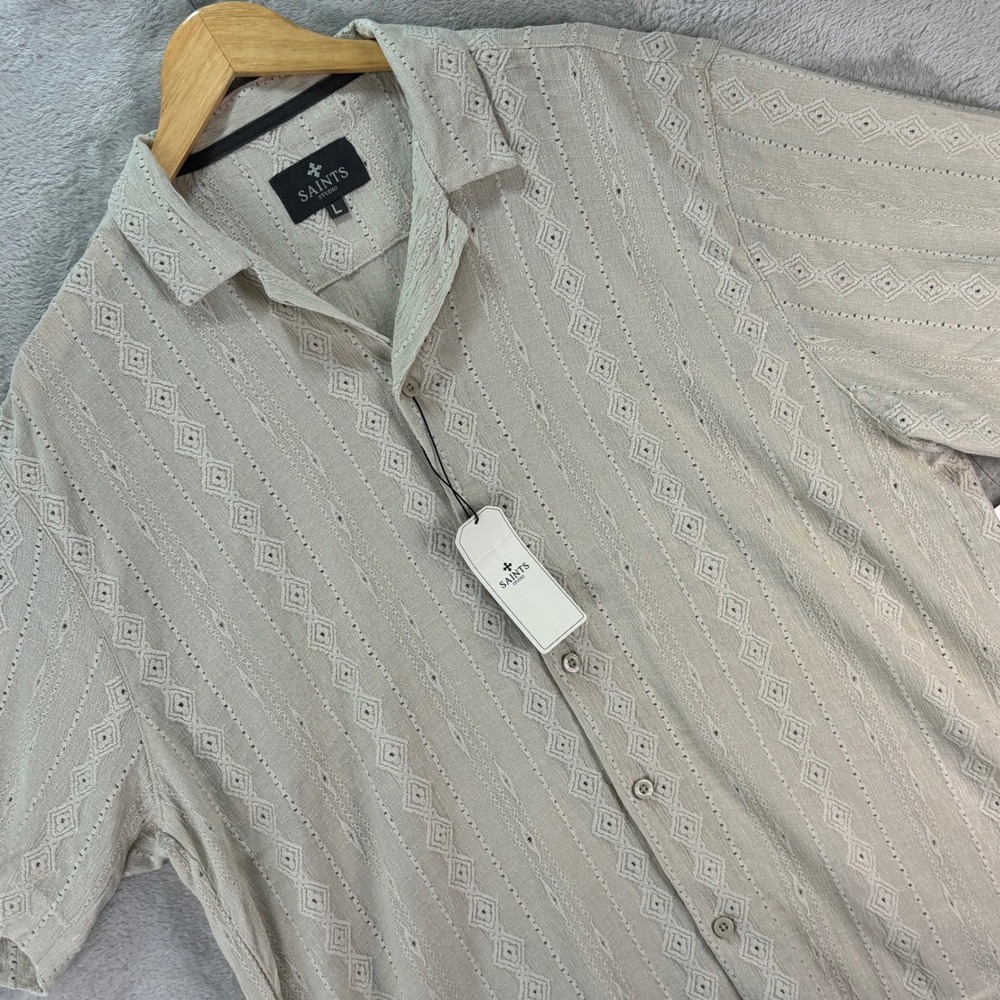 Saints Studio Men's Beige Textured Button Shirt‎ Rainy Day NWT Size Large
